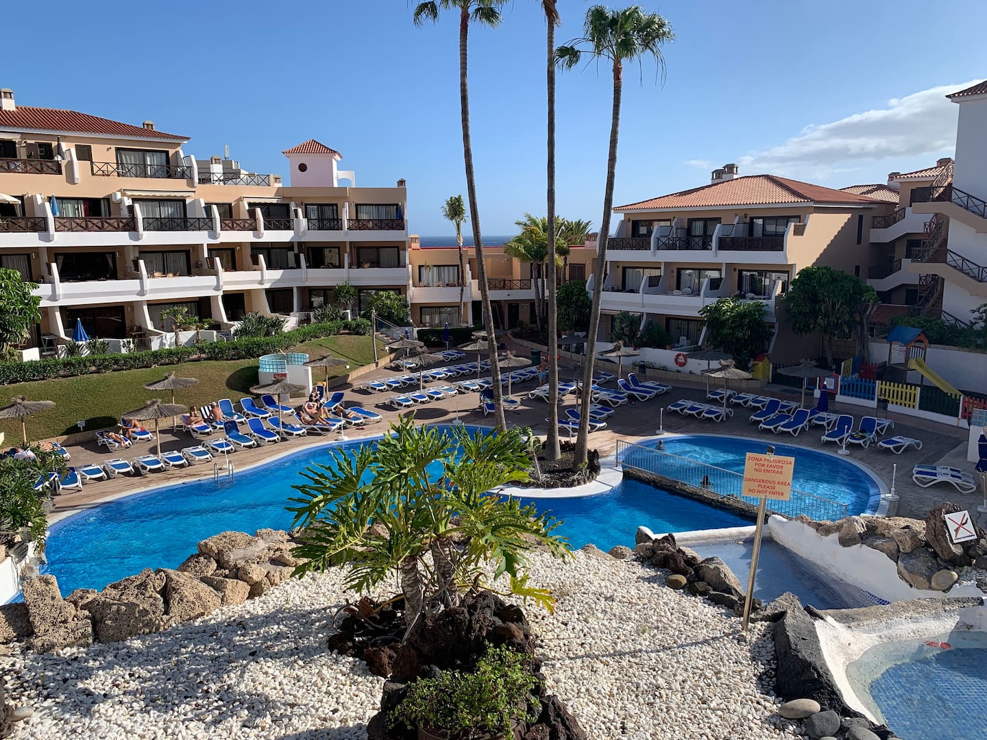 Pool and gardens at the Edificio Albatros studio in South Tenerife